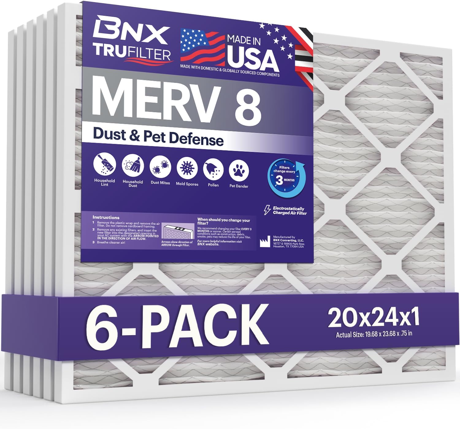 BNX TruFilter 20x24x1 Air Filter MERV 8 (6-Pack) - MADE IN USA – Dust & Pet Defense Electrostatic