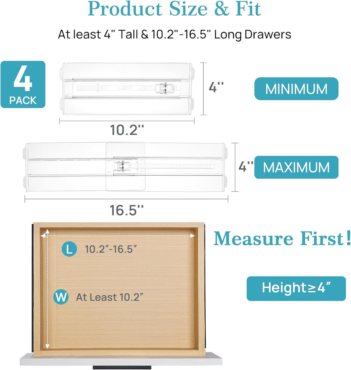 Vtopmart 4 Pack Drawer Dividers for Clothes, 4" High 10.2"-16.6" Adjustable Expandable Dresser