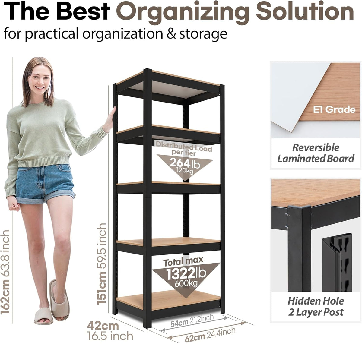 HOMEDANT House Black 5 Tier 24.4" W Laminated Metal Shelving Unit Adjustable Storage Utility Rack