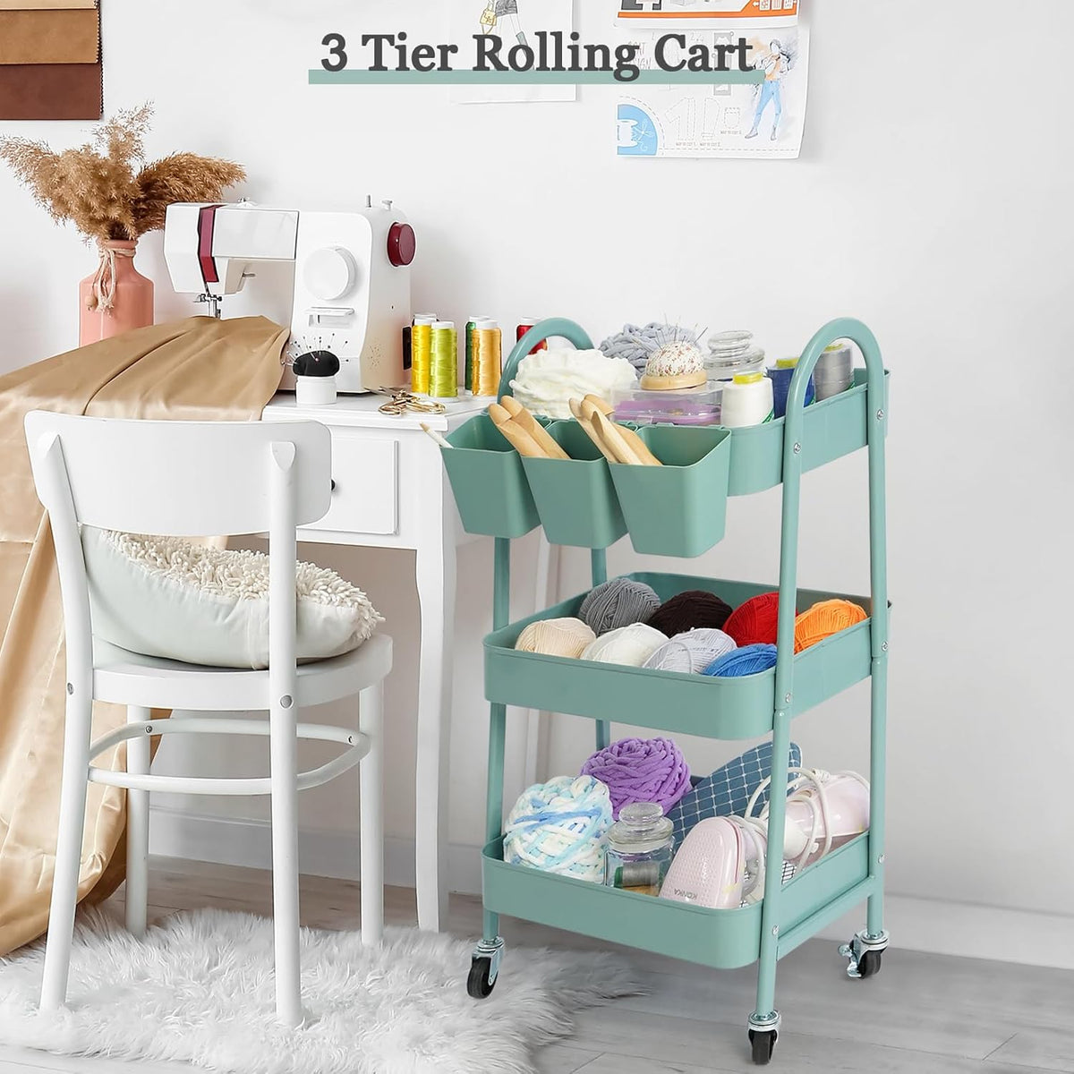 danpinera 3-Tier Rolling Cart, Metal Rolling Storage Cart with Lockable Wheels & Hanging Cups &