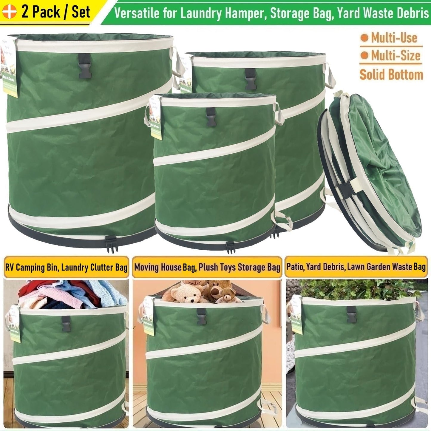 2-Pack 24 Gallon Collapsible Trash Can (19x21 in) Solid Bottom for Pop-Up Trash Can,Recycling