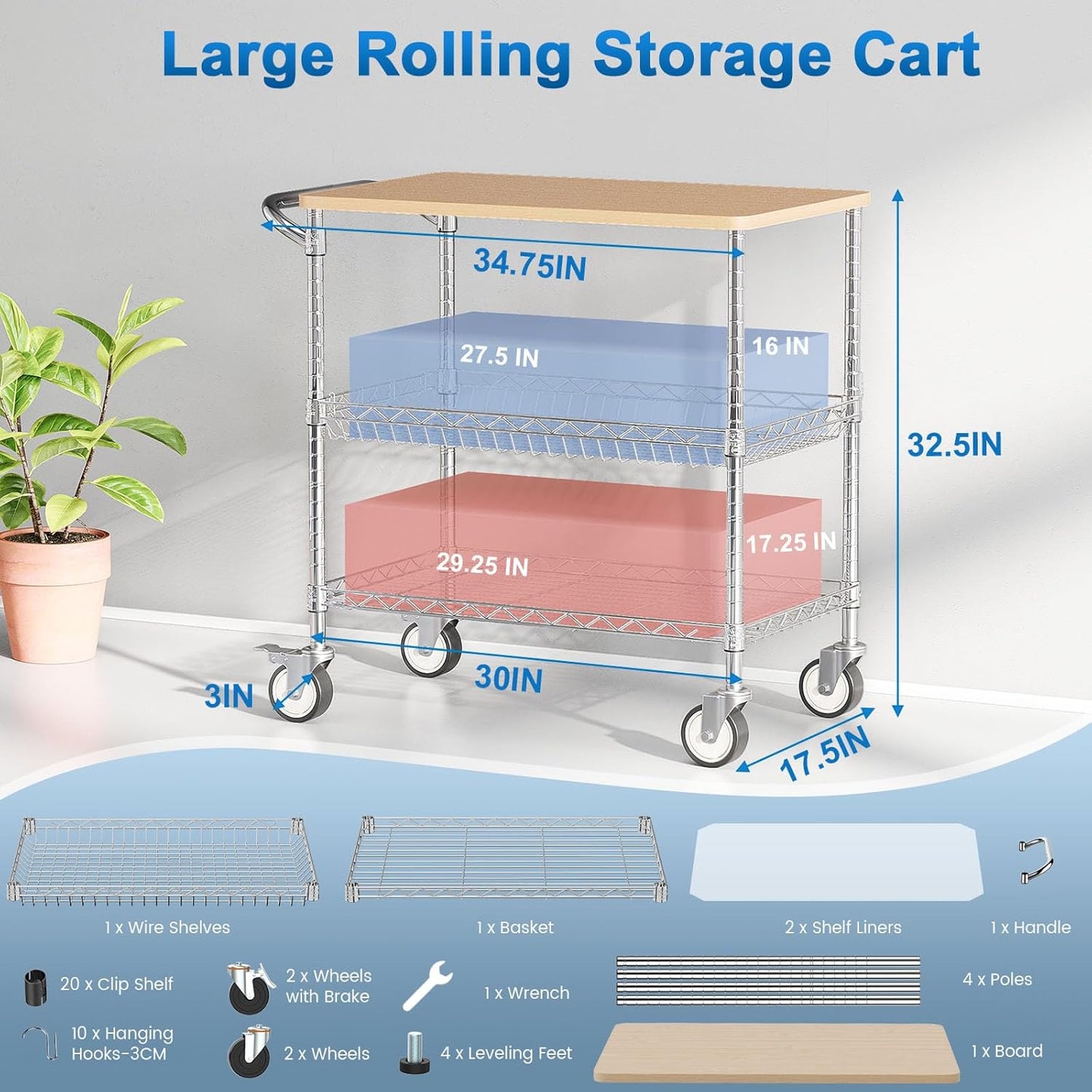 Leteuke Rolling Kitchen Carts with Wheels, 34" L x 17.5" W, 3-Tier Heavy Duty Utility Cart with