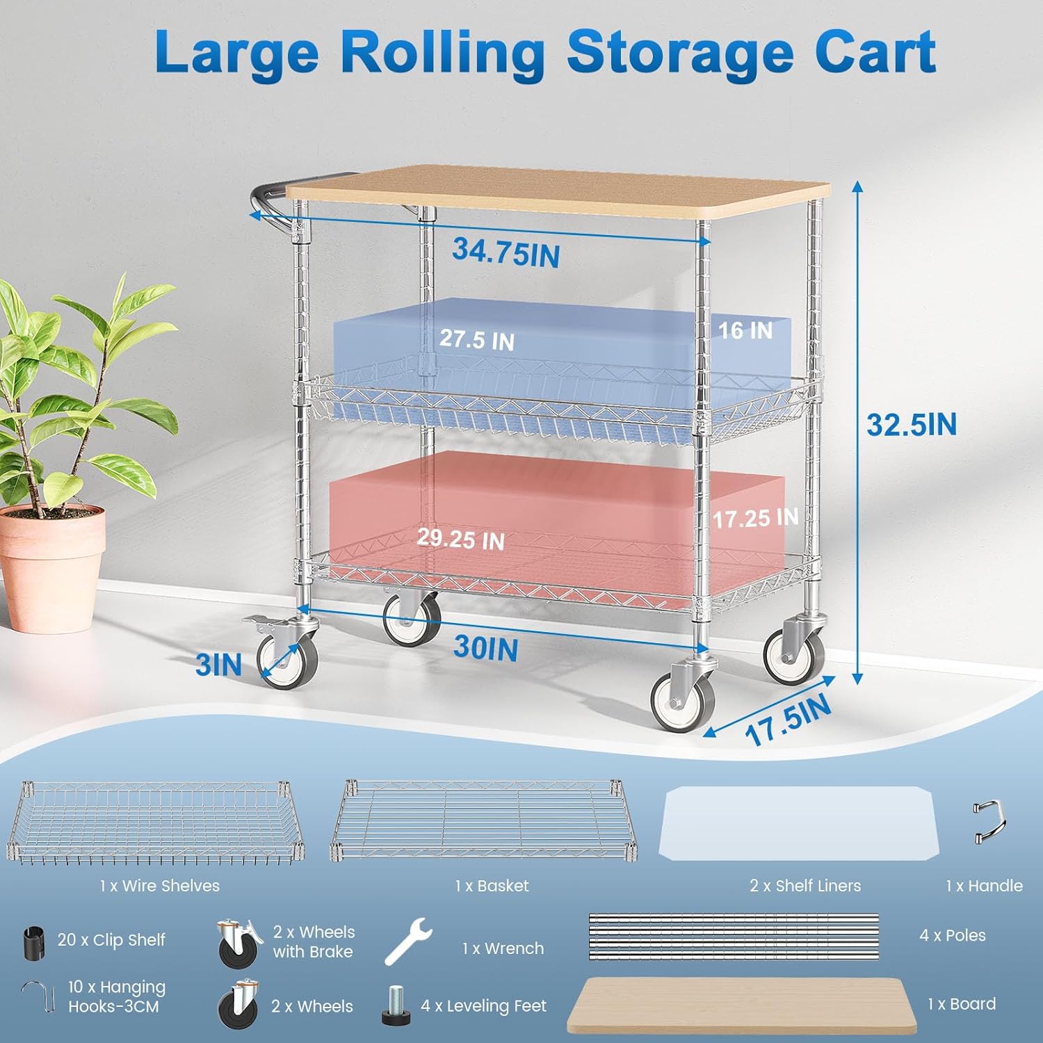 Leteuke Rolling Kitchen Carts with Wheels, 34" L x 17.5" W, 3-Tier Heavy Duty Utility Cart with