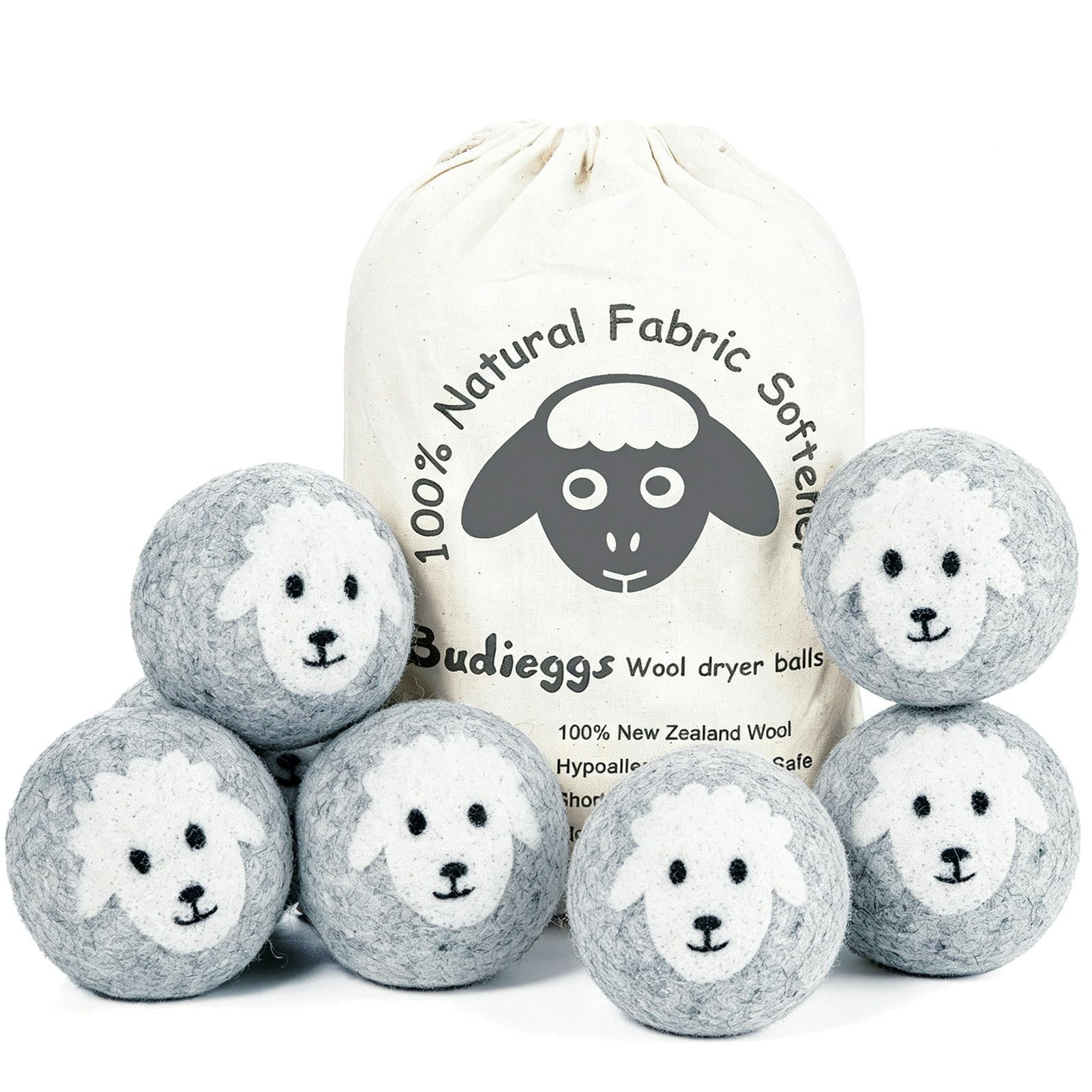 Budieggs Wool Dryer Balls XL 6-Pack, 100% New Zealand Wool Handmade