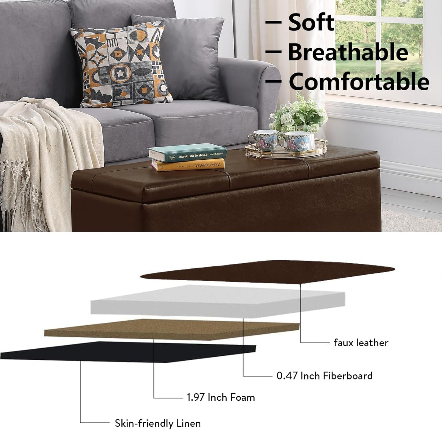 Ottoman with Storage Set of 3, 38'' Button Tufted Storage Ottoman with 2 Stools, Easy Open & Close