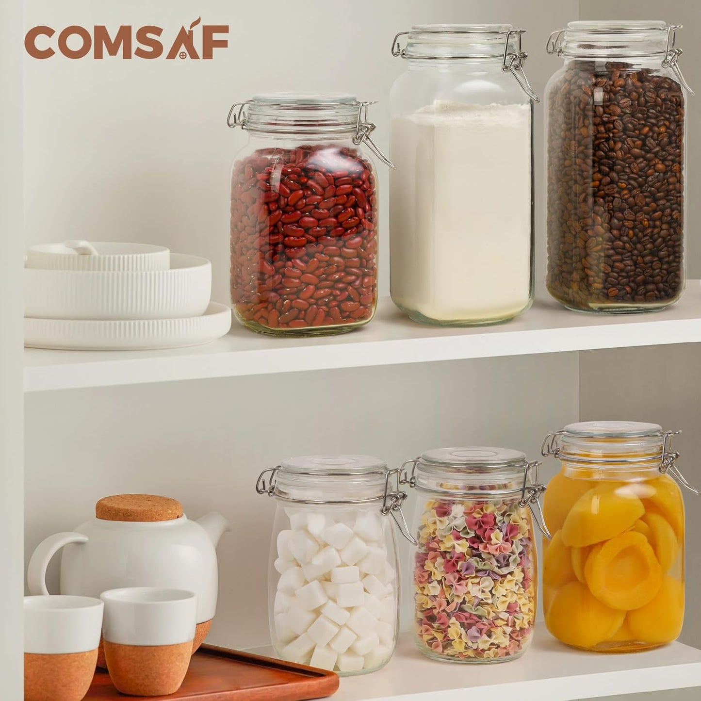 ComSaf Airtight Glass Jars with Lids 78oz Set of 3, Food Storage Canister Square - Storage