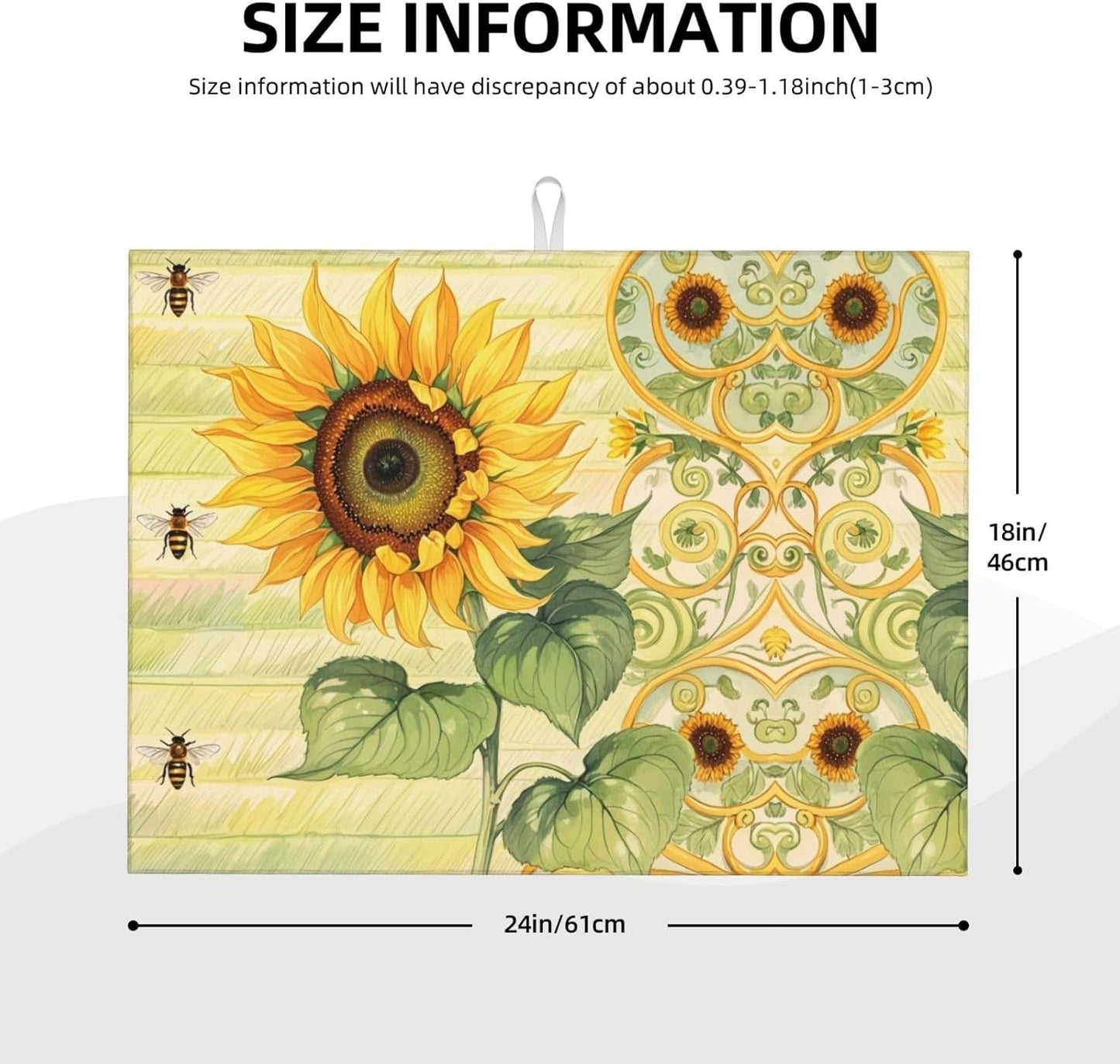 Sunflower Bee Dish Drying Mat Highly Absorbent Double-Sided Microfiber with Hanging Loop Reversible