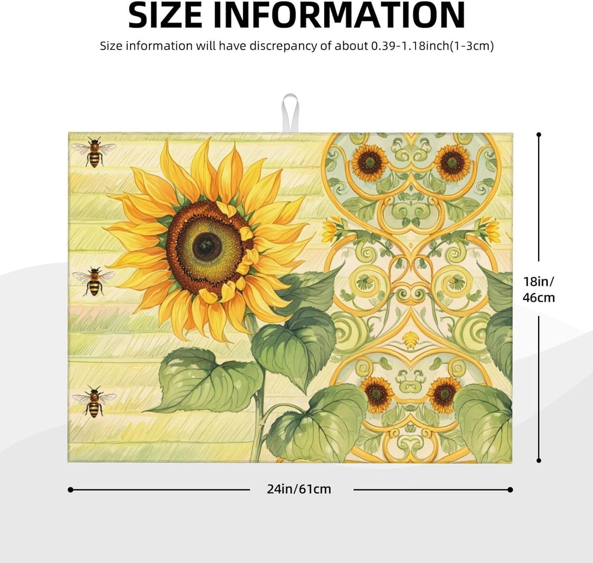 Sunflower Bee Dish Drying Mat Highly Absorbent Double-Sided Microfiber with Hanging Loop Reversible