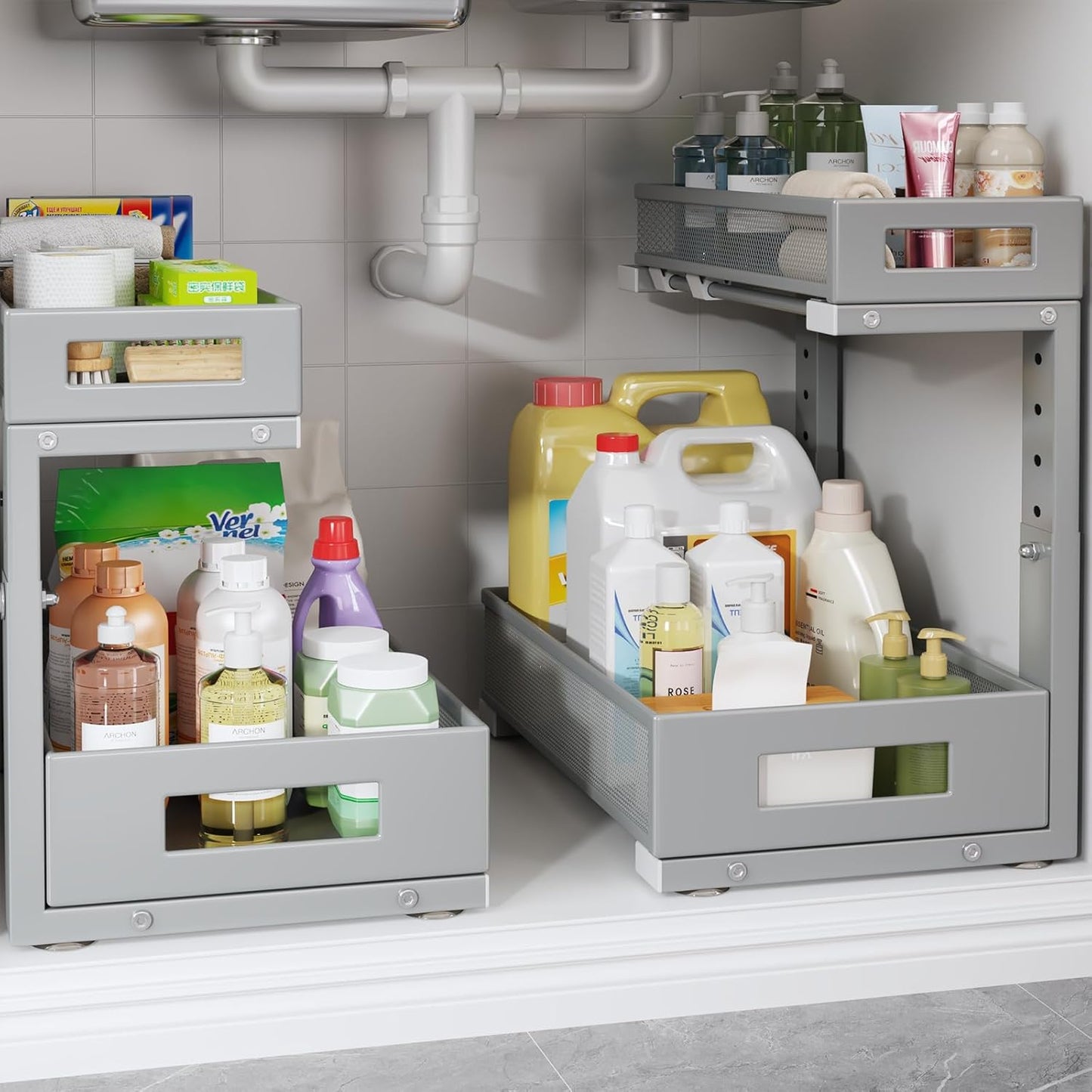 2-Pack Under Sink Storage Organizer, Large 2-Tier Elegant Mesh Pull Out Shelf for Kitchen and