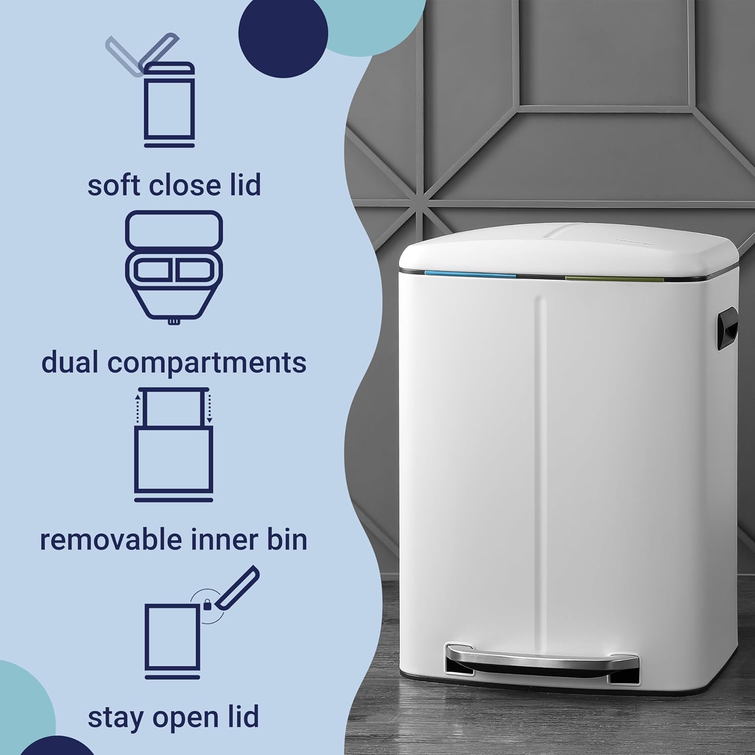 happimess HPM1005C Marco Rectangular 10.5-Gallon Double Bucket Garbage Can with Soft-Close Lid