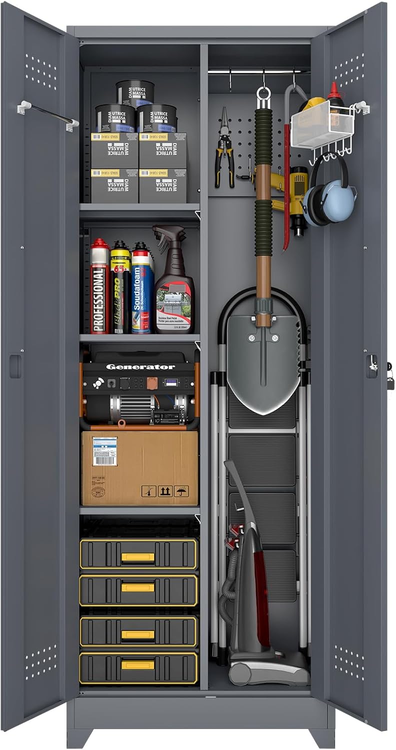 Broom Closet Storage Cabinet, Steel Locking Cabinet with Hanging Rod, 65" Cleaning Storage with