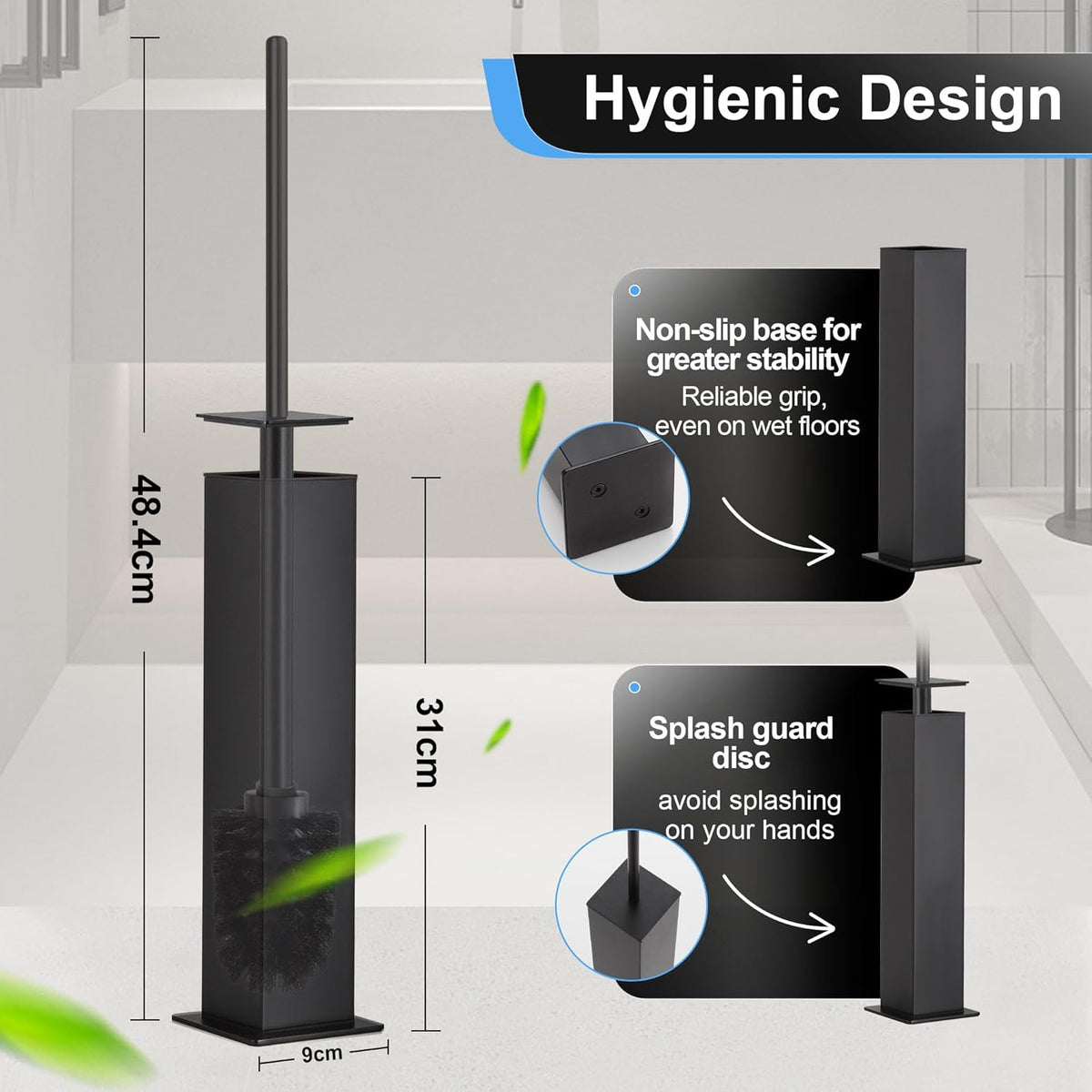 BVL Toilet Brush and Holder Set Black Stainless Steel 304 Square Freestanding Toilet Brush for