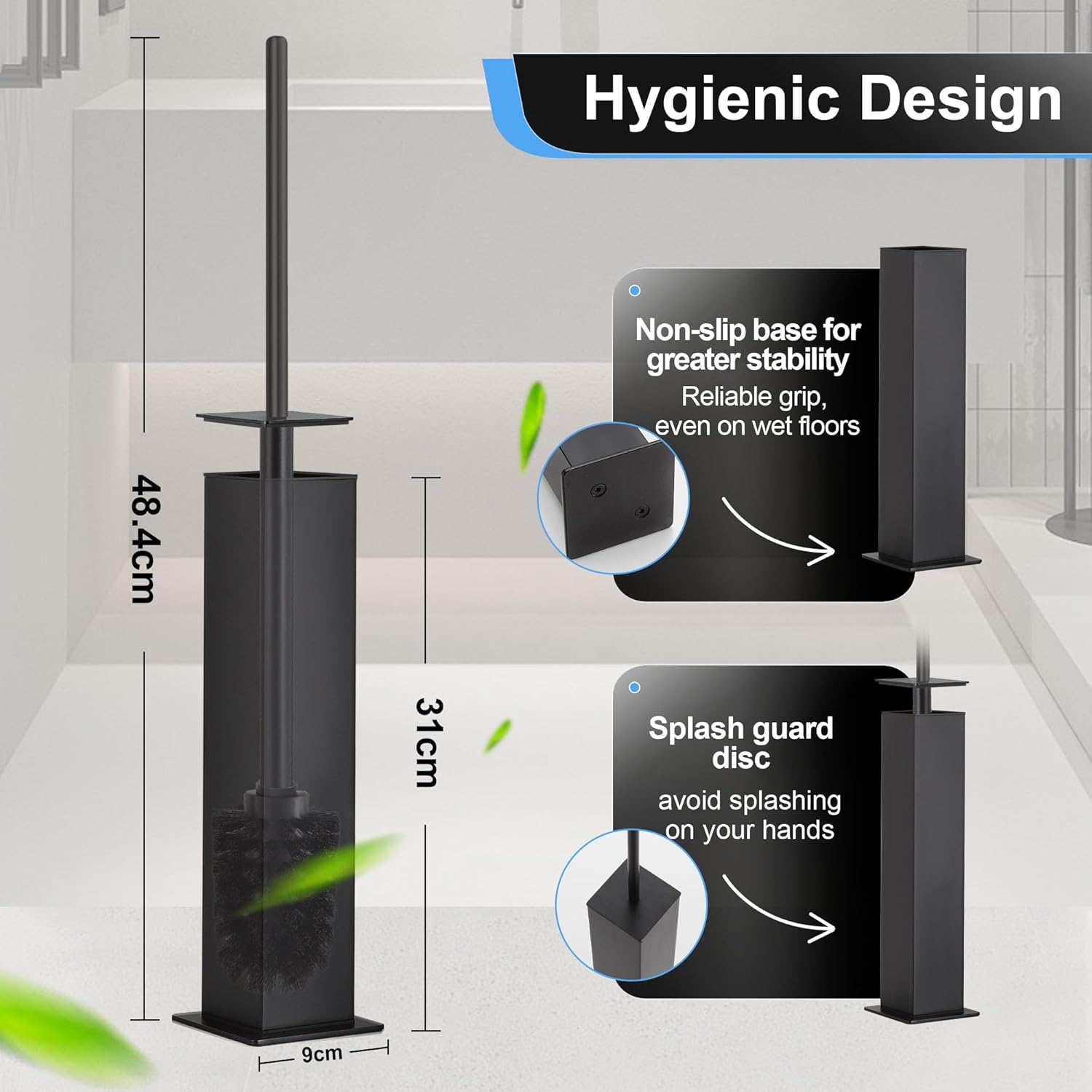 BVL Toilet Brush and Holder Set Black Stainless Steel 304 Square Freestanding Toilet Brush for