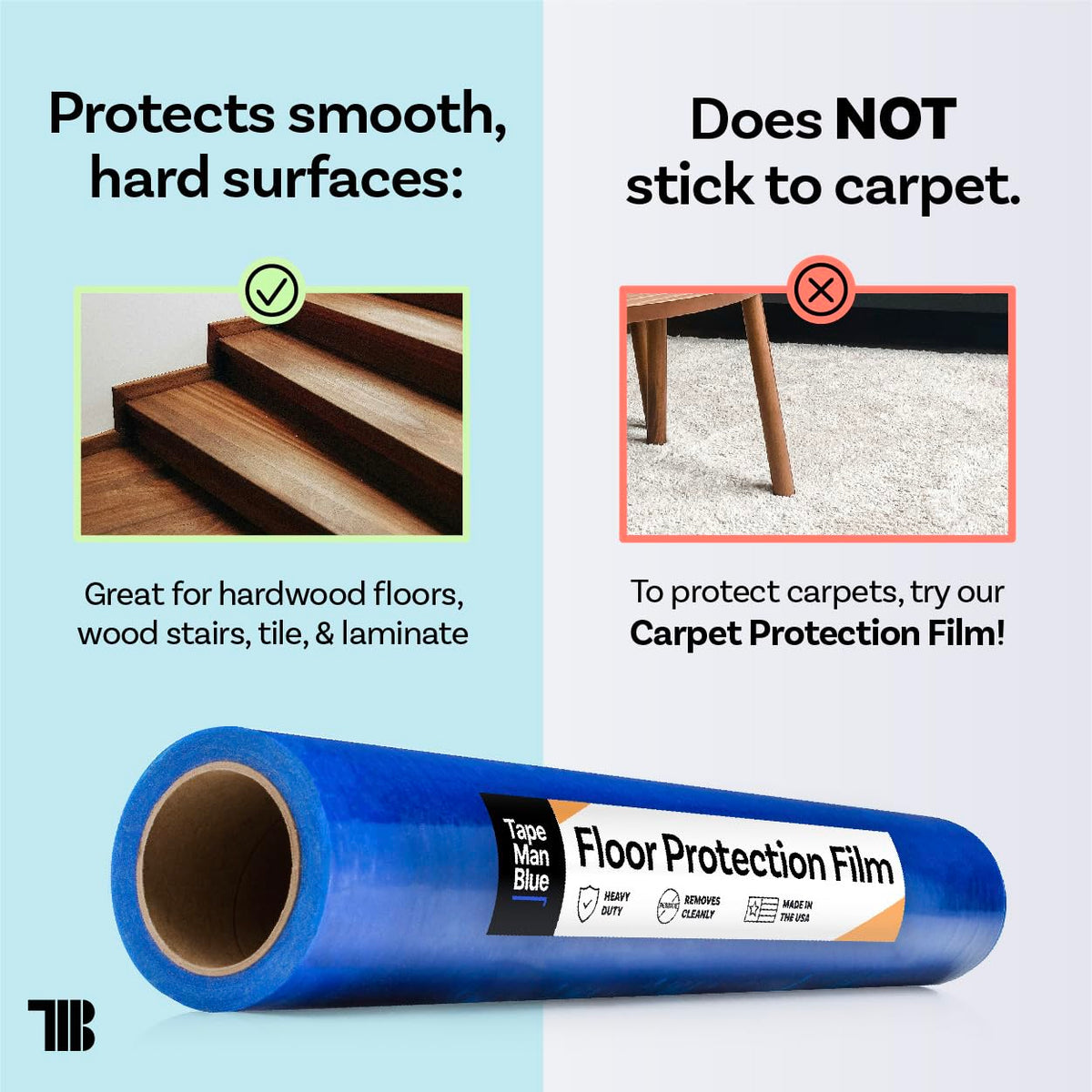 Floor Protection Film, 48" x 200', Made in USA, Blue Self Adhesive Floor Protector Tape for Moving