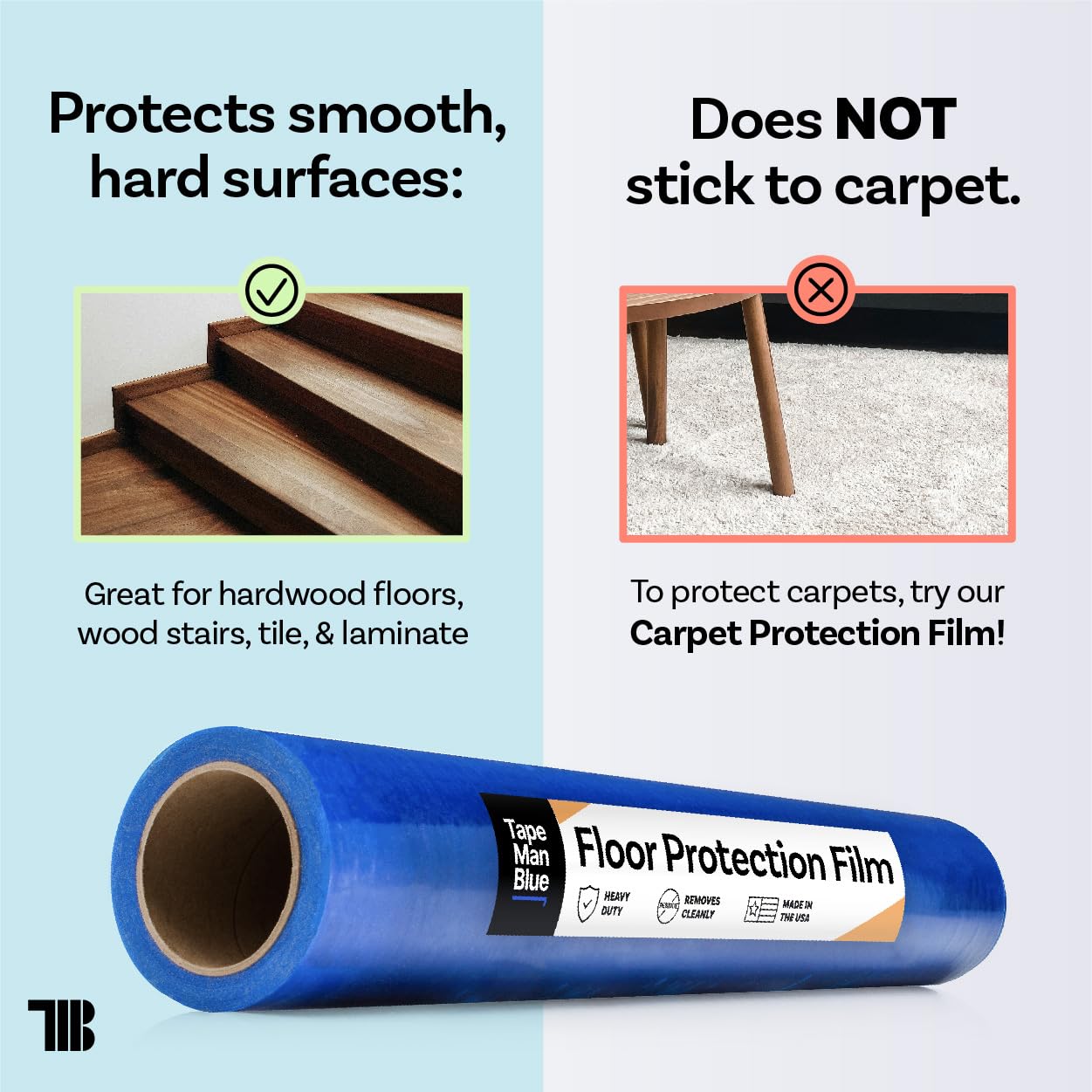 Floor Protection Film, 48" x 200', Made in USA, Blue Self Adhesive Floor Protector Tape for Moving