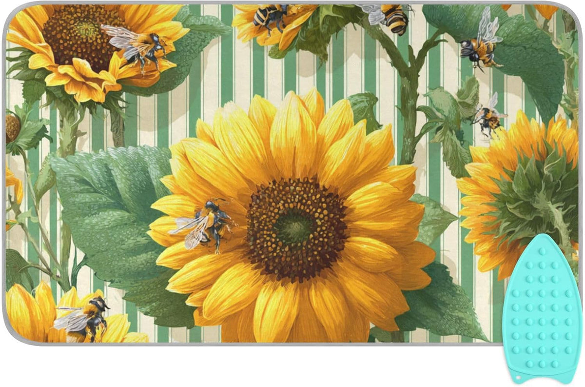 Green Striped Sunflowers and Bees Ironing Mat for Table top Portable Ironing Pad Blanket for Washer