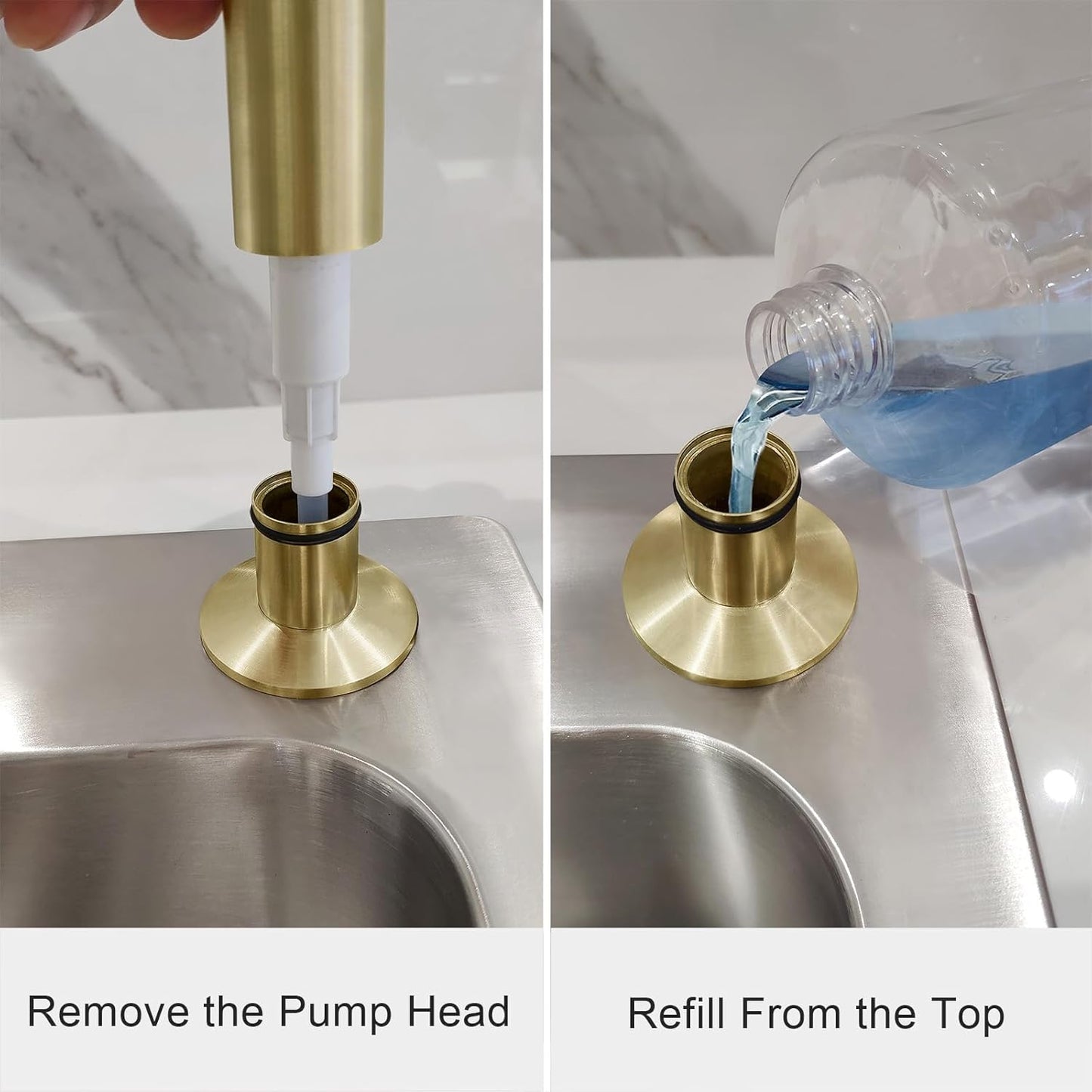 Brushed Gold Built in Dish Soap Dispenser for Kitchen Sink with 17 OZ PET Soap Bottle Refill from