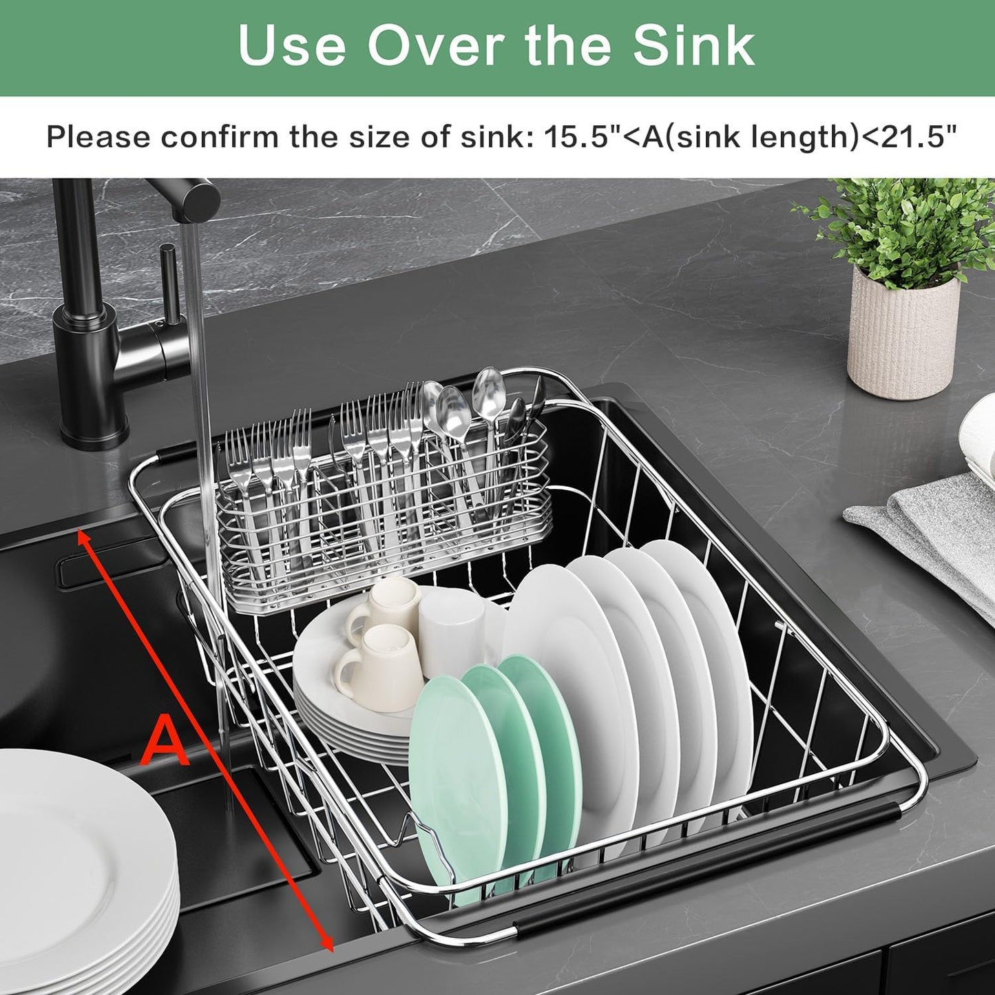 Large Dish Drainer Rack in Sink Adjustable, Expandable 304 Stainless Steel Metal Dish Drying Rack