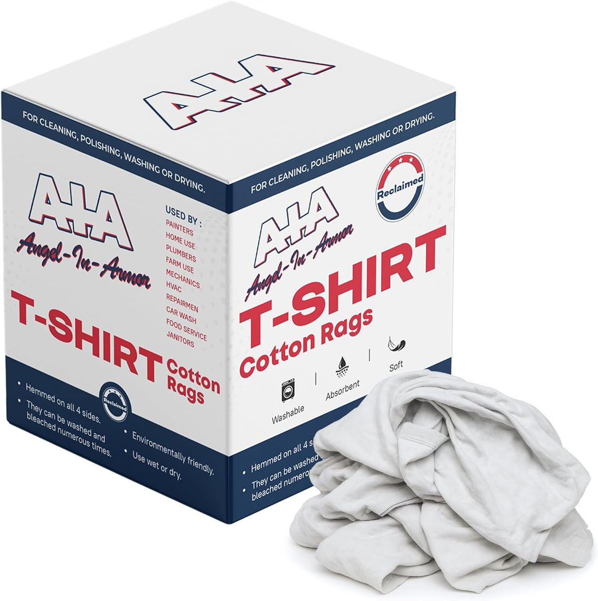 Angel-in-Armor White T-Shirt Rags – 25lb Bulk Box of Recycled Cotton Knit Shop Rags – Low Lint