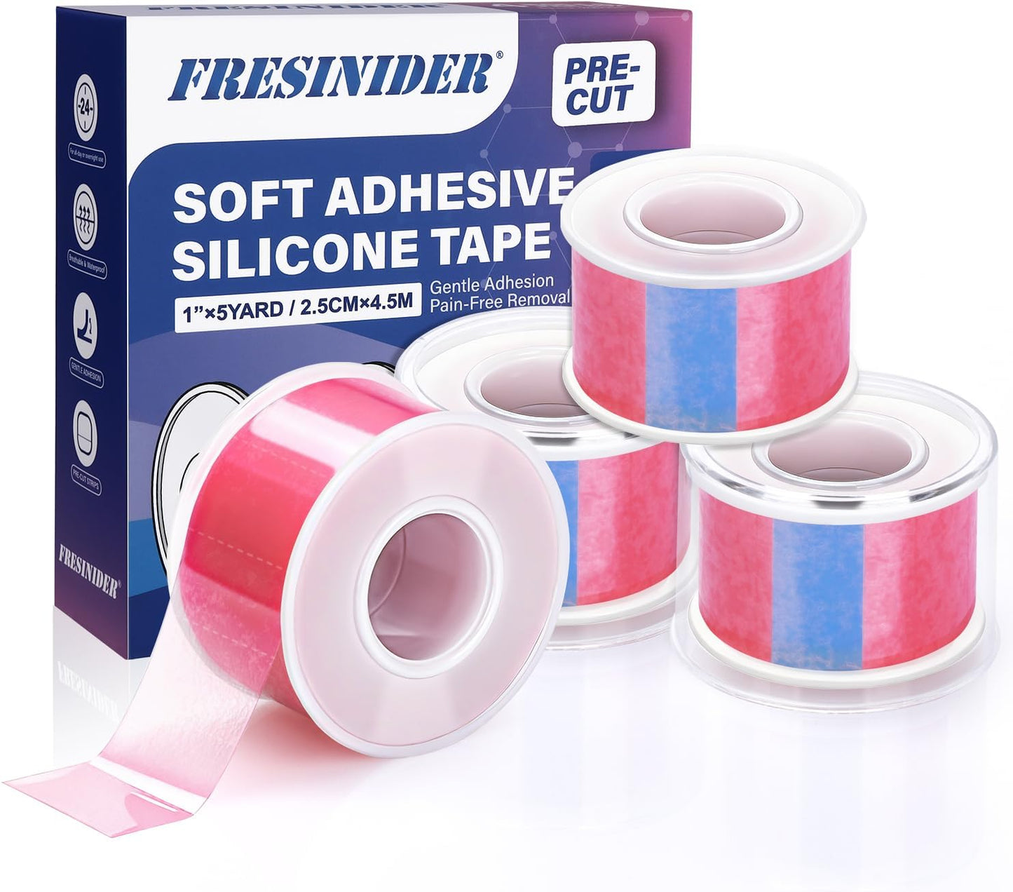 FRESINIDER Silicone Tape 1" x 5 Yard Pink 4 Rolls for Sensitive Skin, Pre-Cut Waterproof Medical