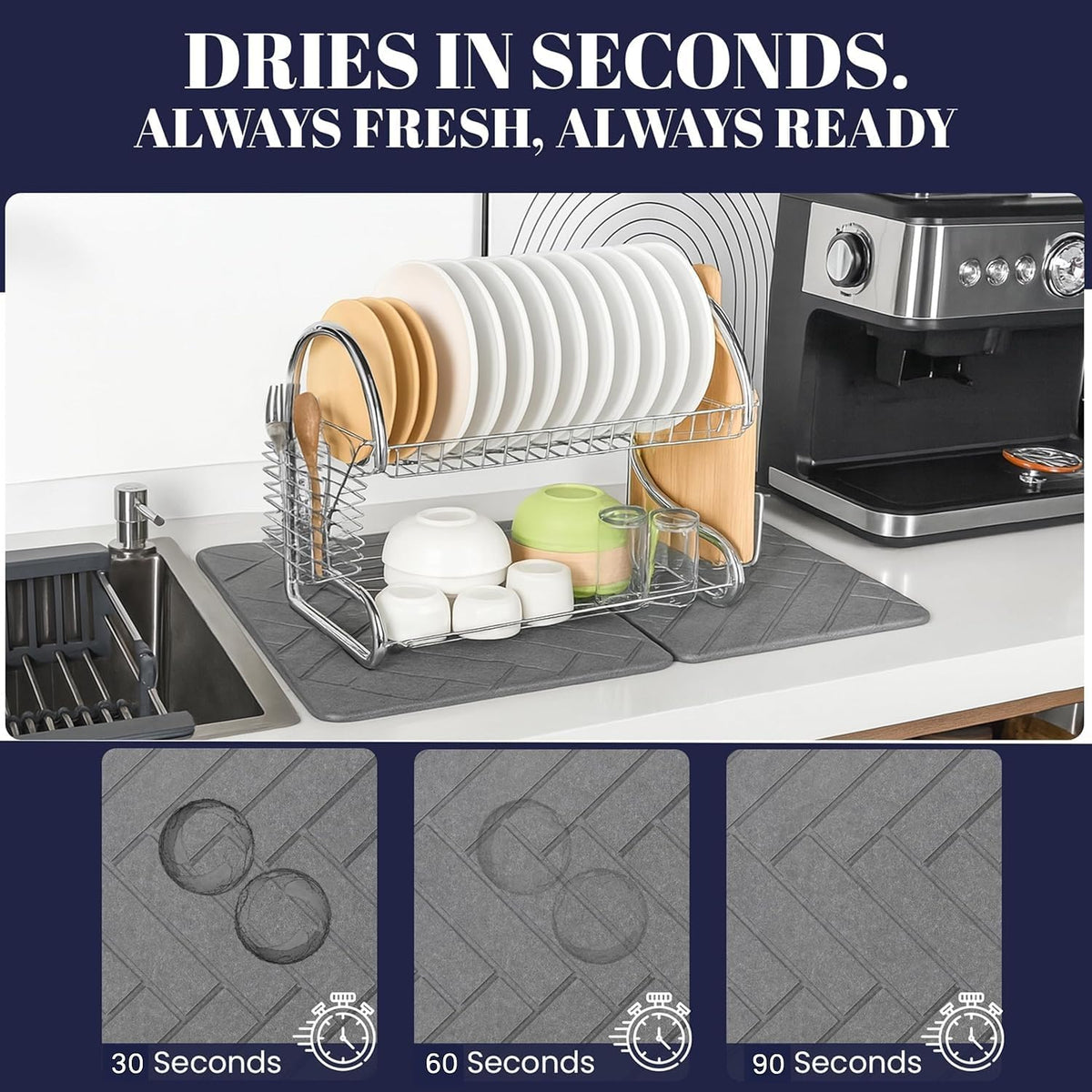 Large Folding Stone Dish Drying Mat for Kitchen Counter – Super Absorbent Diatomite Pad for Dishes