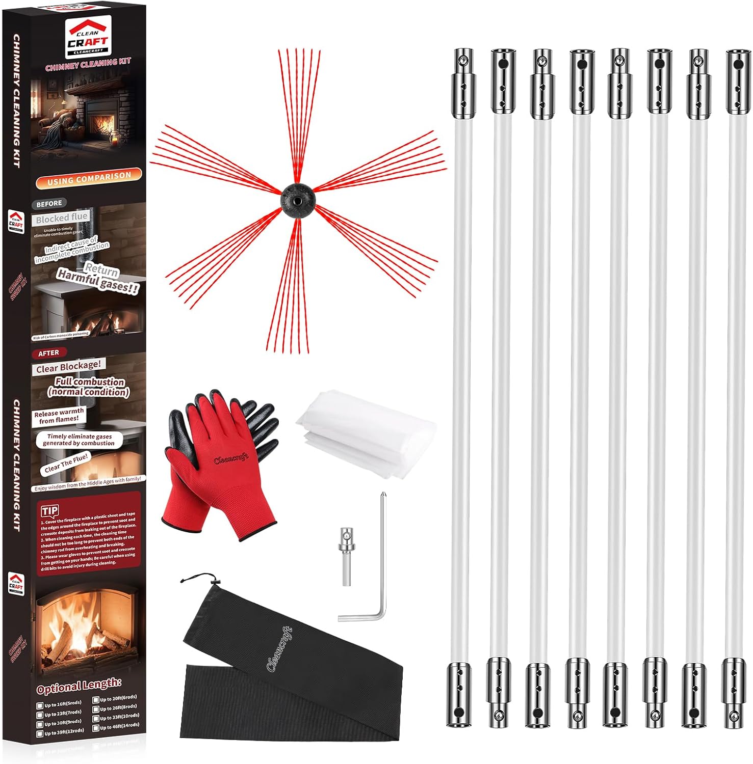 26 Feet Chimney Sweep Kit, Chimney Cleaning Kit with 8 Flexible White Chimney Rods, Chimney Brush