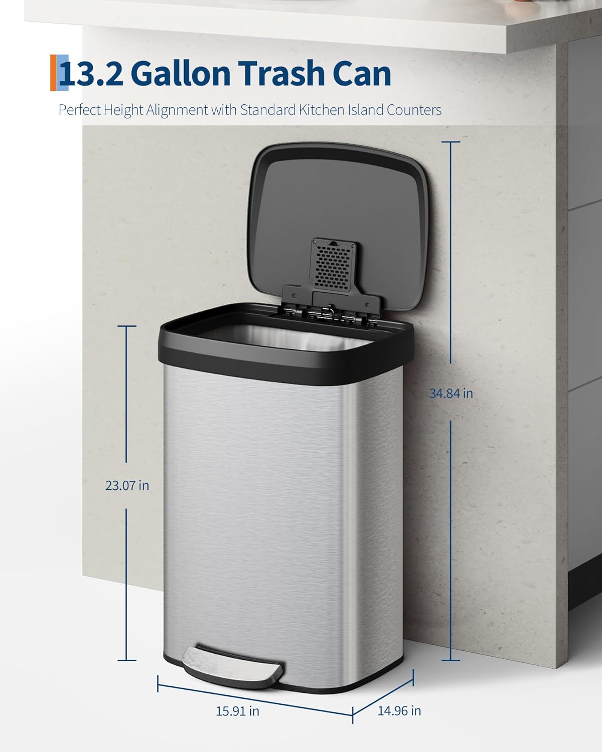 Garvee 13 Gallon / 50 L Stainless Steel Trash Can with Lid, Large Garbage Can for Kitchen