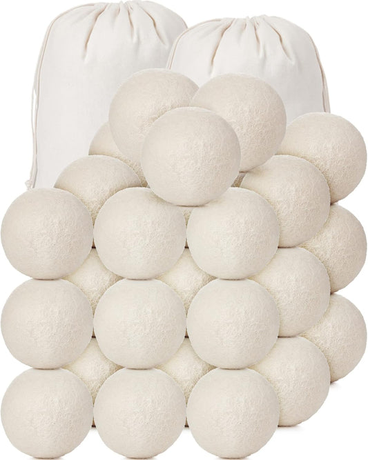 Roowest 24 Pcs Wool Dryer Balls Set Reusable Laundry Wool Balls with Muslin Bags Fabric Softener