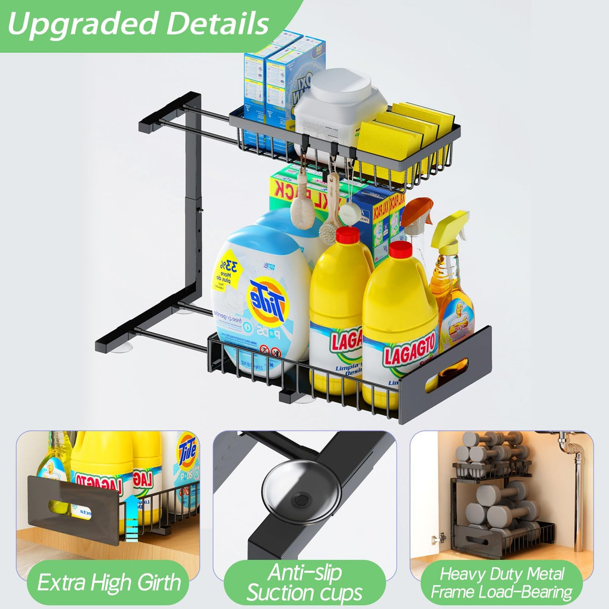 ADBIU Under Sink Organizer(10 Seconds Installation), 2 Packs 2 Tier Expandable Height (11" - 16")