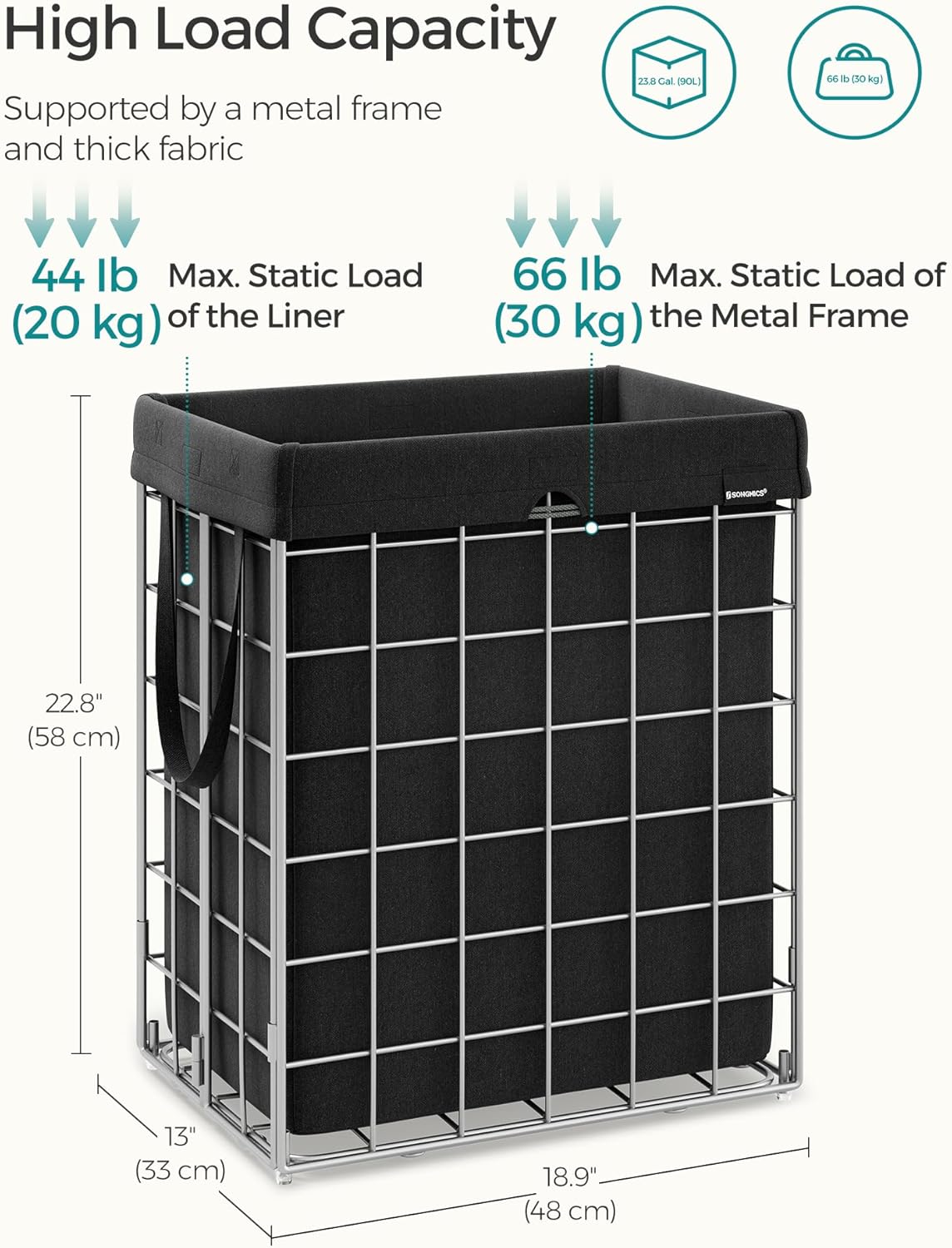 SONGMICS Laundry Hamper, 23.8 Gal. (90L) Laundry Basket, Collapsible Clothes Hamper, Removable and