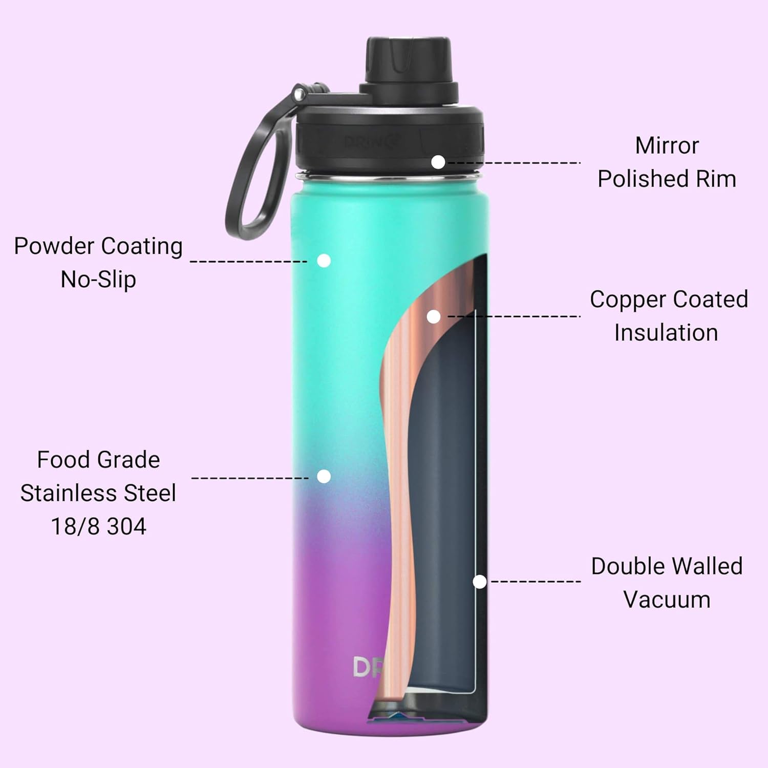 DRINCO Stainless Steel Water Bottle Spout Lid Vacuum Insulated Double Wall Water Bottle Wide Mouth