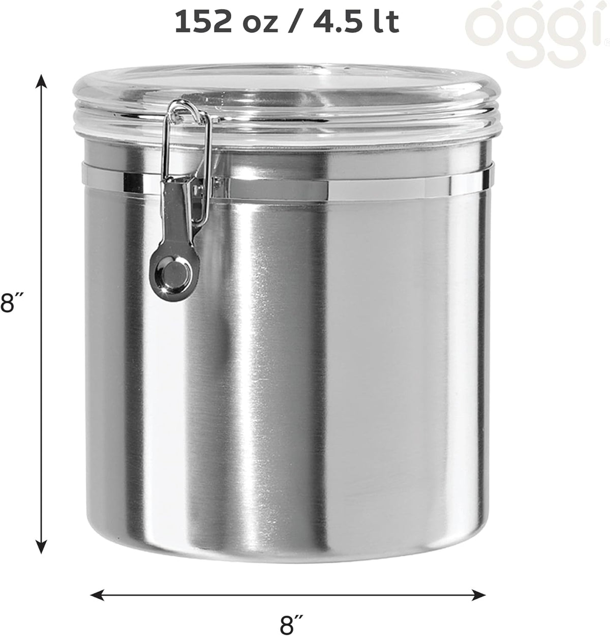 Oggi Stainless Steel Kitchen Canister 152 fl oz - Airtight Clamp Lid, Clear See-Thru Top - Ideal