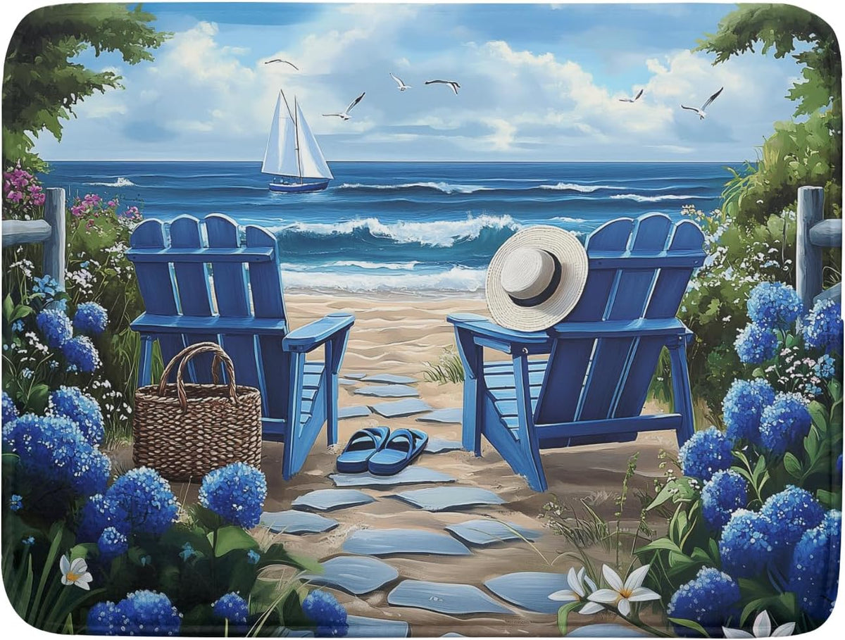 Summer Beach Dish Drying Mat 18x24 Inch Sea Shells Flowers Kitchen Mats Blue Microfiber Absorbent