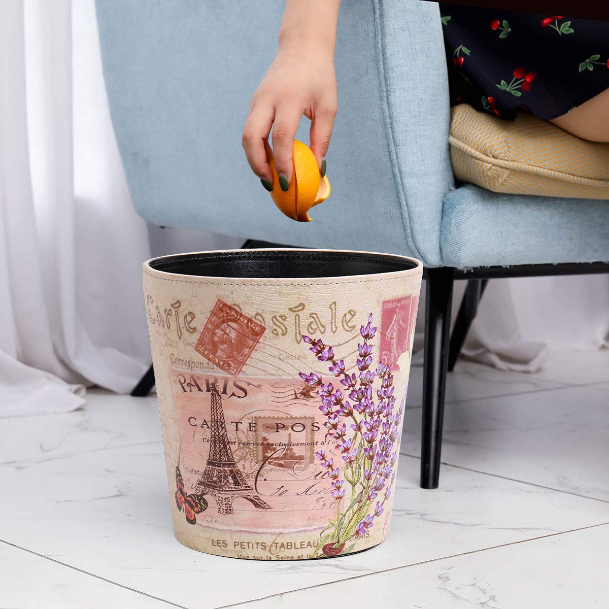 PU Leather Small Trash Can Wastebasket, Round Garbage Container Basket for Bathrooms, Laundry Room