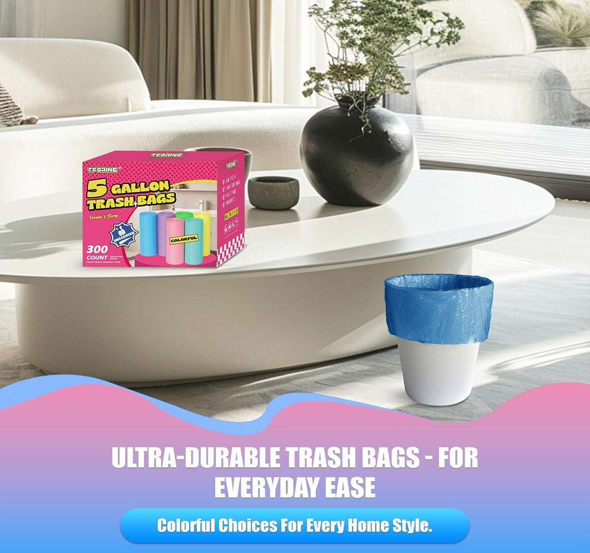 300 Count 5 Gallon Trash Bags - 18 Liter Colored Small Garbage Bags Unscented Wastebasket Liners
