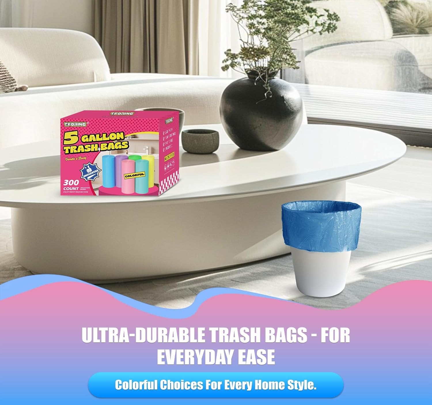300 Count 5 Gallon Trash Bags - 18 Liter Colored Small Garbage Bags Unscented Wastebasket Liners