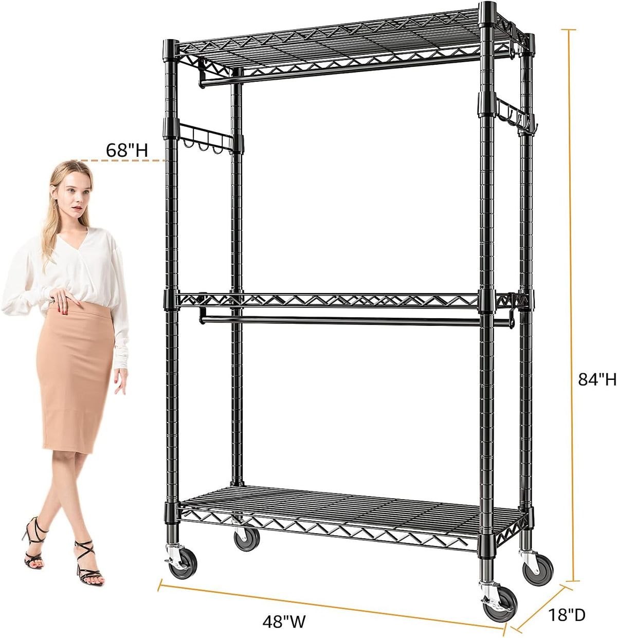 Heavy Duty Rolling Garment Rack 3 Tiers Adjustable Wire Shelving Clothes Rack with 2 Rods and Side