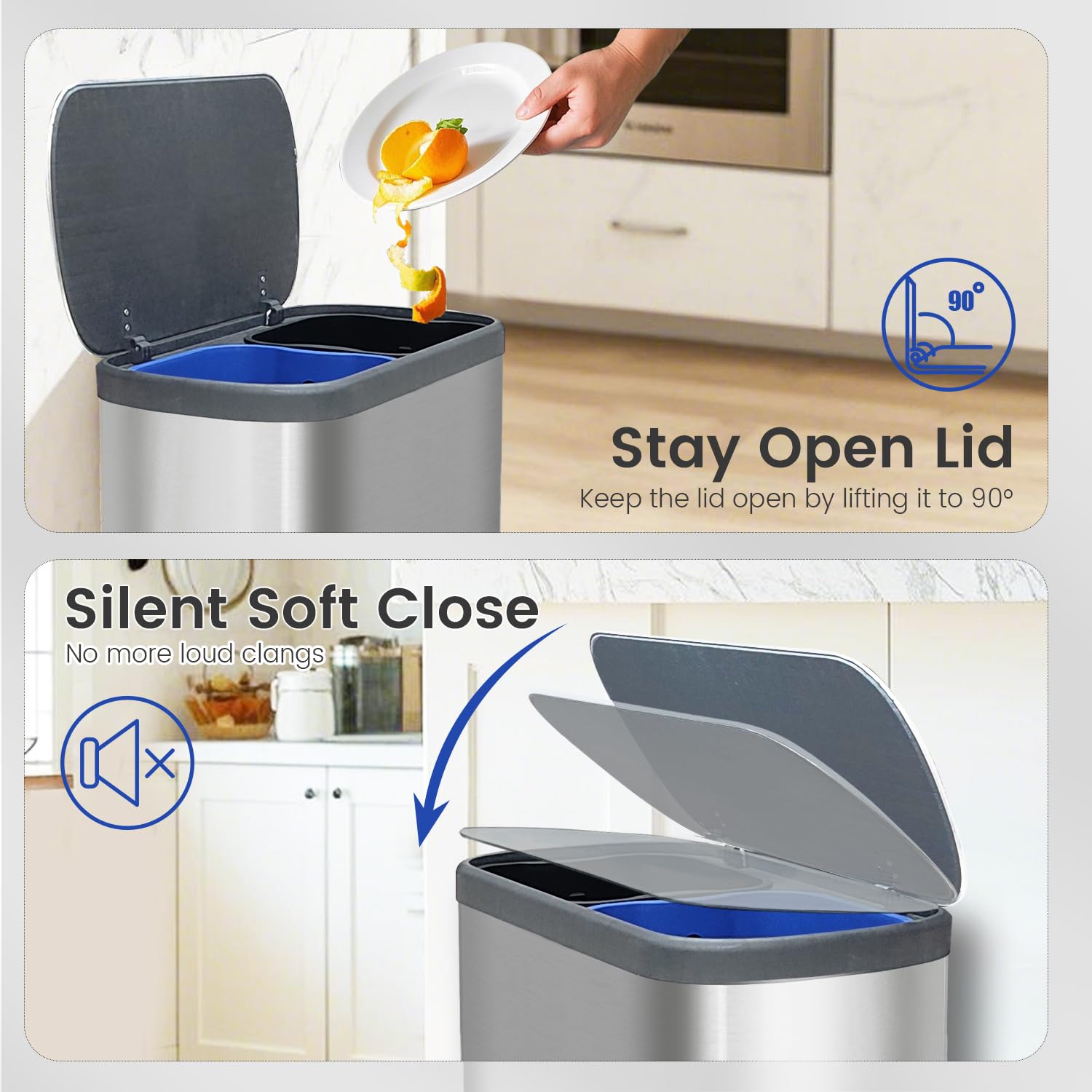 Kitchen Trash Can 16 Gallon, 2 x 30 Liters Trash and Recycle bin Combo, Dual Compartment & Soft