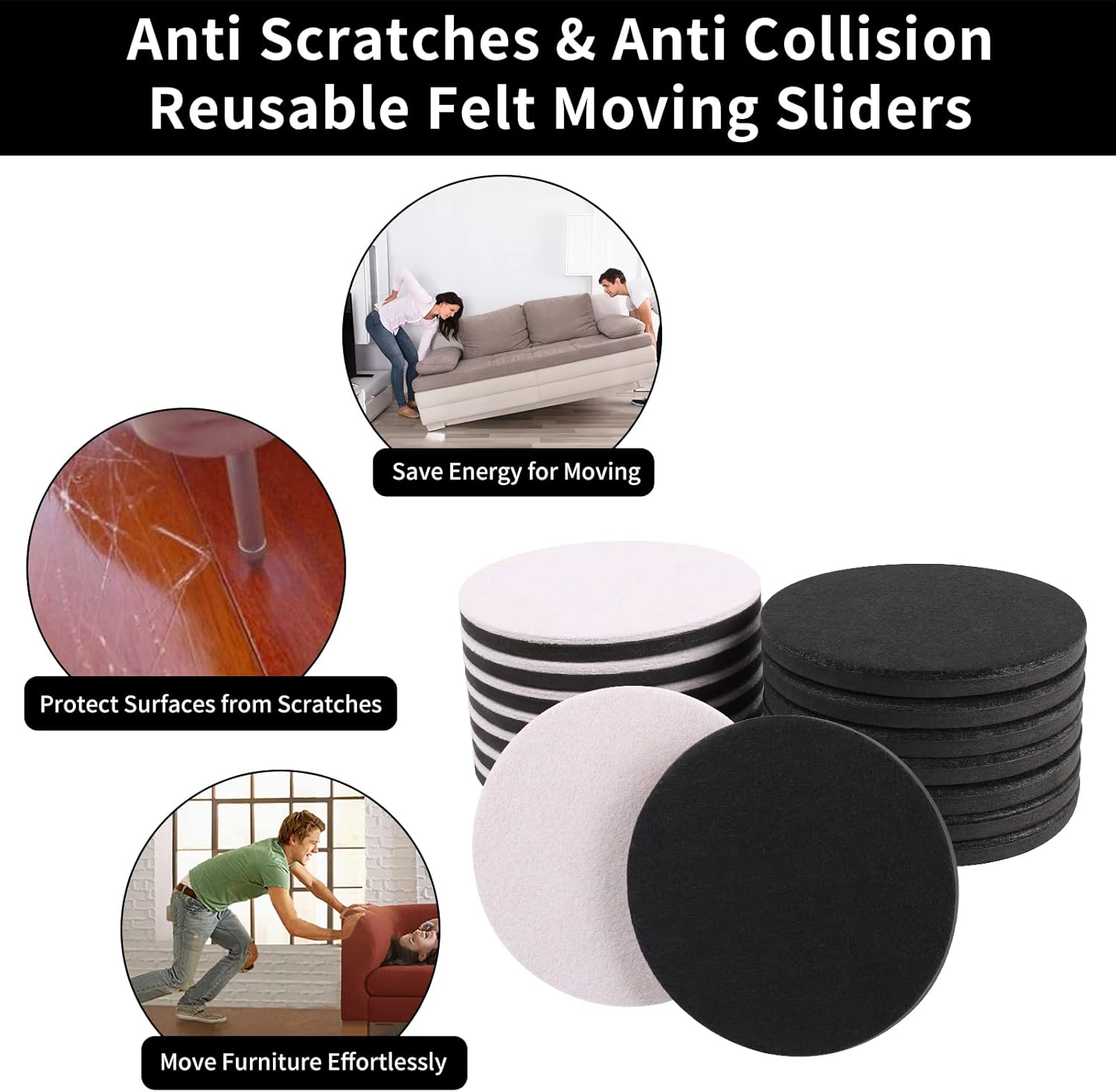 Ezprotekt 5" Round Felt Furniture Movers Sliders for Hardwood Floors, 8 Pcs Reusable Felt Furniture