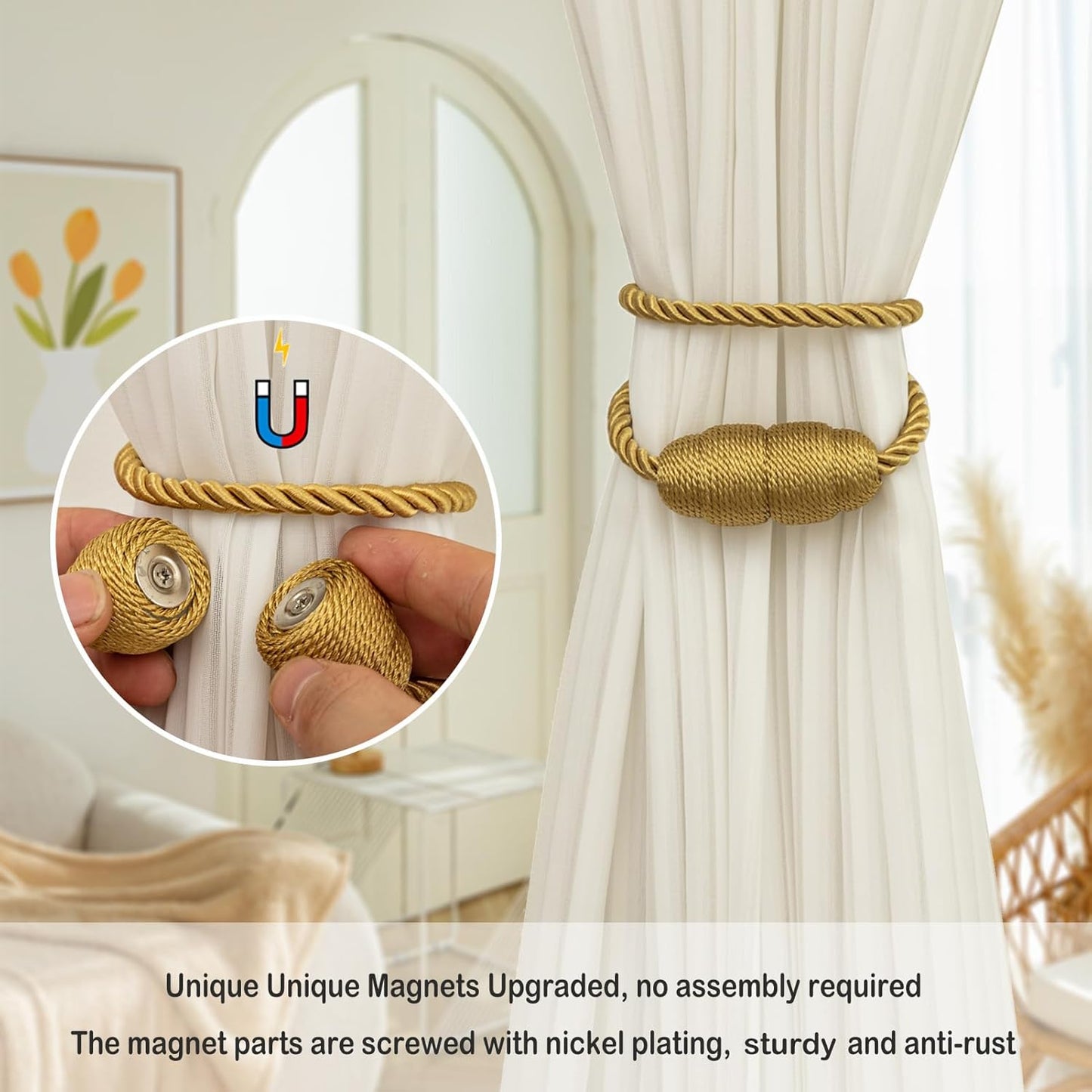 Magnetic Curtain Tiebacks Rope Curtain Tie Backs for Curtains 2 Pack Curtain Holders for Drapes