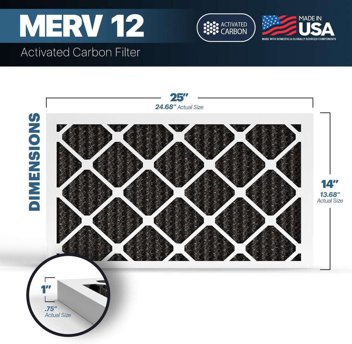 BNX TruFilter 14x25x1 MERV 12 Odor Defense (6-Pack) AC Furnace Air Filter with Activated Carbon
