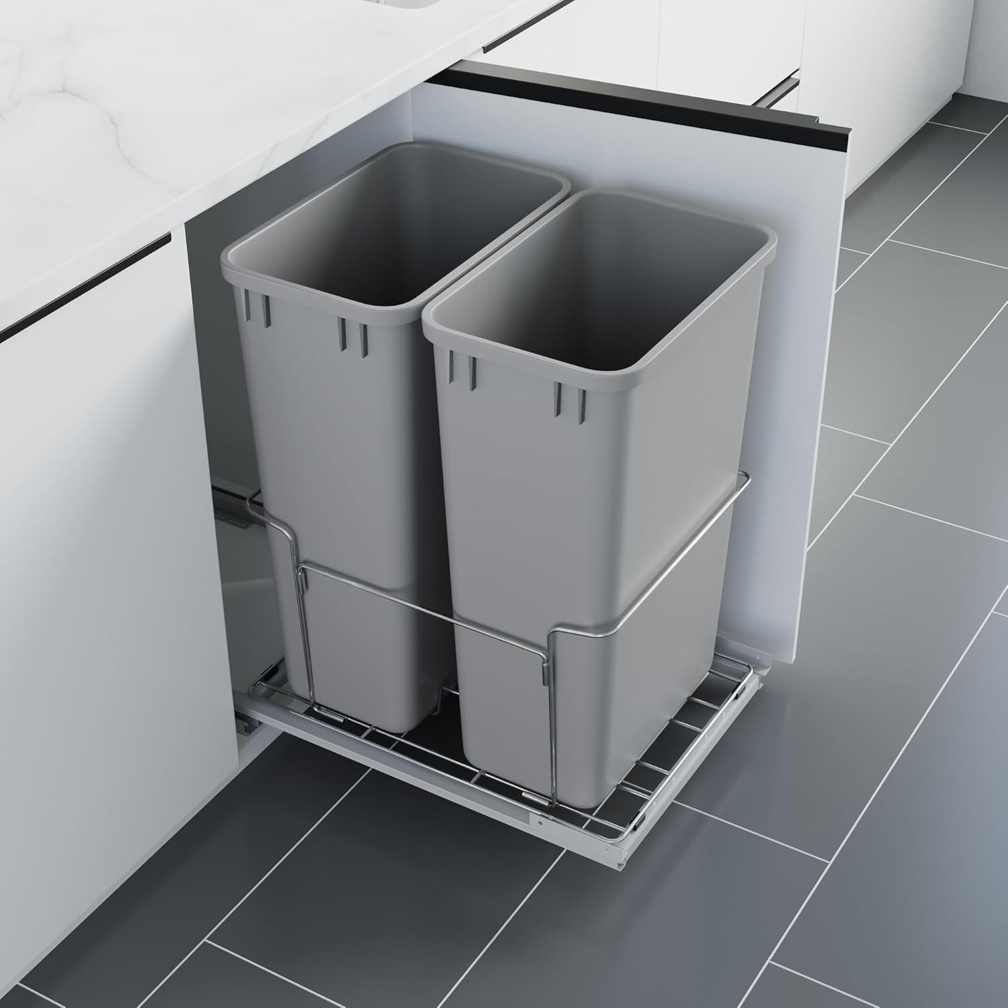 Dowell B18 Aluminum Base Wastebasket Pullout with Door Mount and Two 50Qt/13Gal Plastic Bins (4012