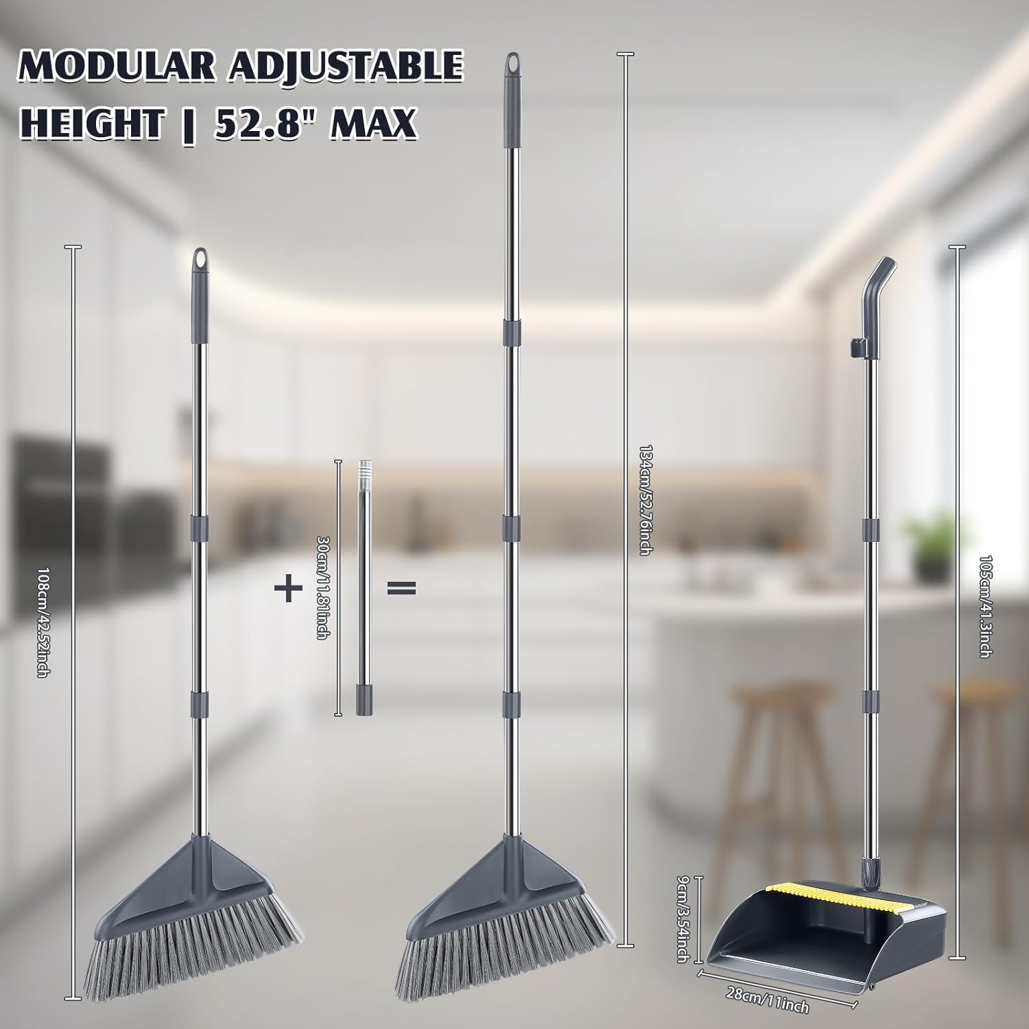 Broom and Dustpan Set for Home with 52 Inch Long Angled Handle - Stand Up Dustpan No Warping Metal