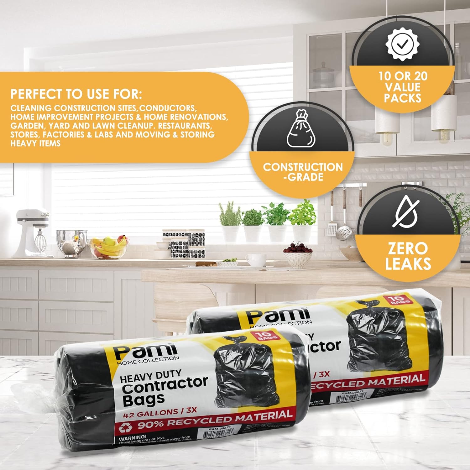 PAMI Heavy Duty 42 Gallon Construction Bags, Tear-Resistant Contractor Garbage Bags for Yard Waste