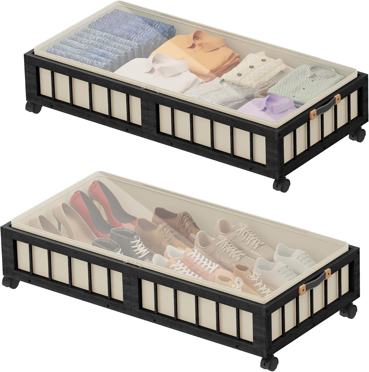 efluky 2-Pack Bamboo Under Bed Storage with Wheels, Rolling UnderBed Storage Basket with Large Dust