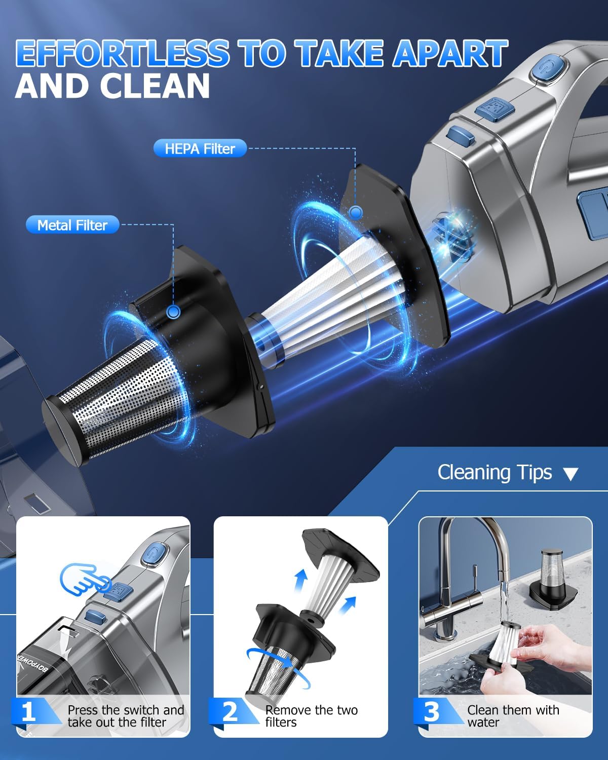 BQYPOWER Handheld Vacuum Cordless, 16000PA Strong Suction Hand Held Vacuum Dust Busters Cordless