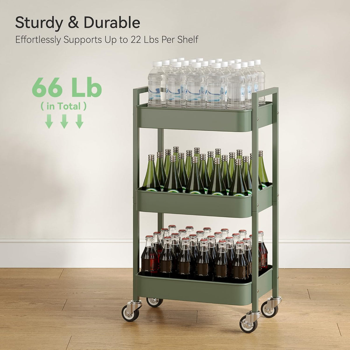 3 Tier Rolling Cart,Utility Cart with Locking Wheels, Hanging Cups,&Hooks, Heavy Duty Metal Storage