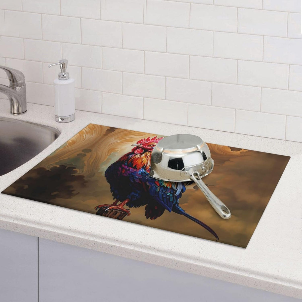 Rooster Dish Drying Mat Highly Absorbent Double-Sided Microfiber with Hanging Loop Reversible Drain