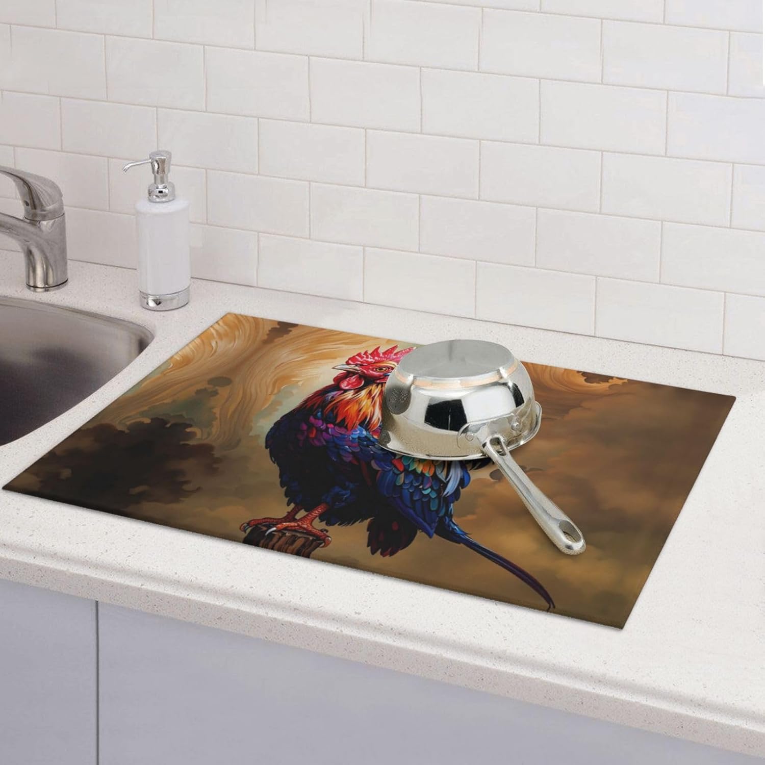 Rooster Dish Drying Mat Highly Absorbent Double-Sided Microfiber with Hanging Loop Reversible Drain