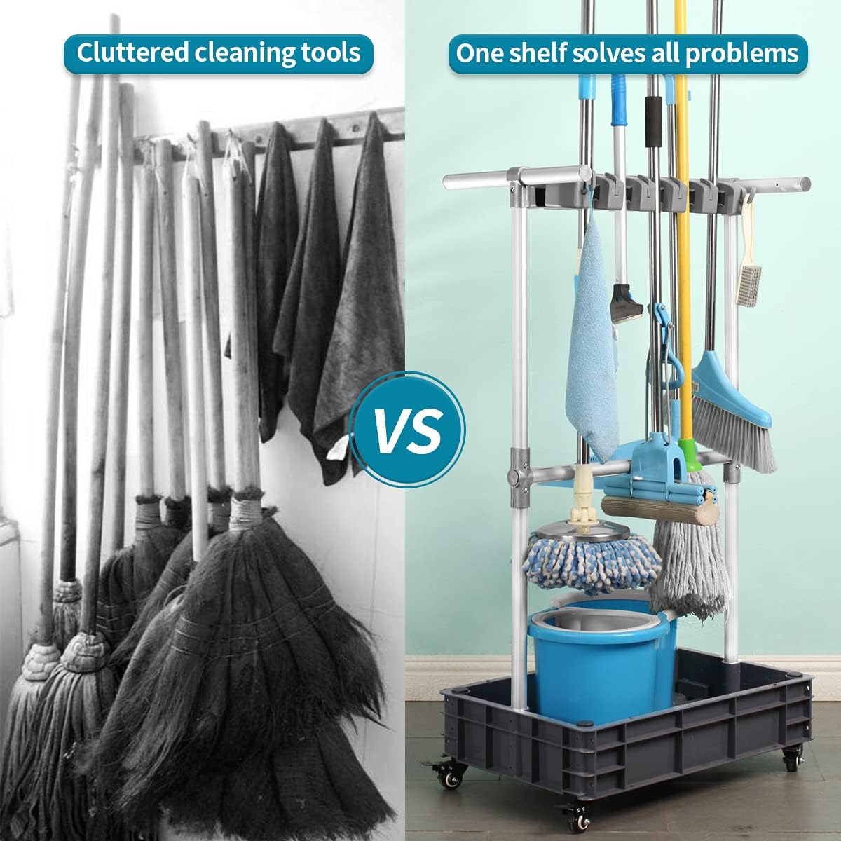 Broom And Mop Holder Put Wet Mops Movable Floor-Mounted Mop Rack Floor Standing Cleaning Tool Cart